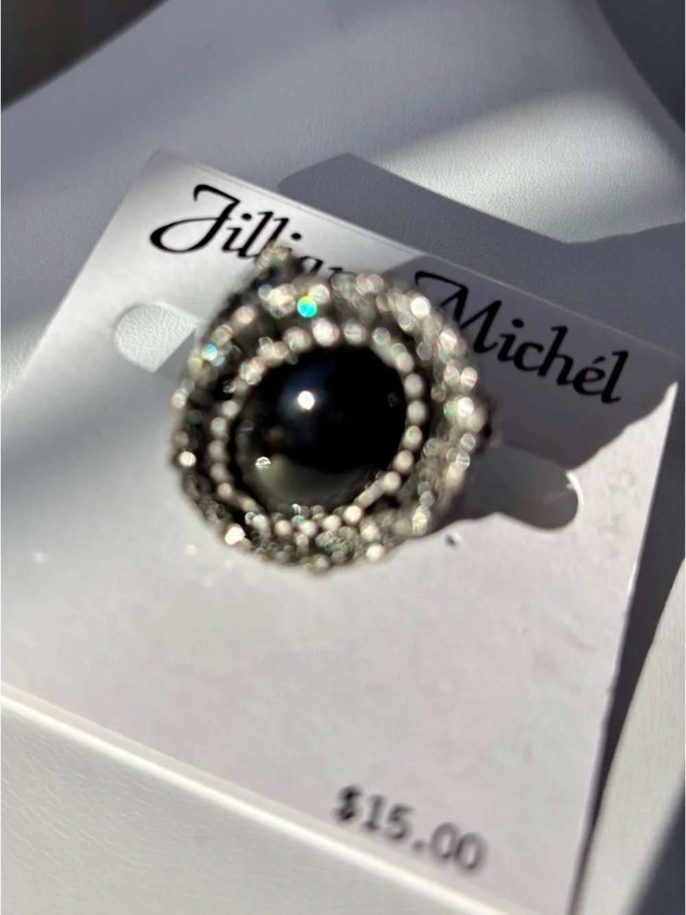 Jillian Michel Ornate intricate silver,black round  stone,rhinestone surround